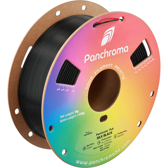 Polymaker Panchroma Silk PLA Filament Black auf der Spule, Ansicht schräg von oben