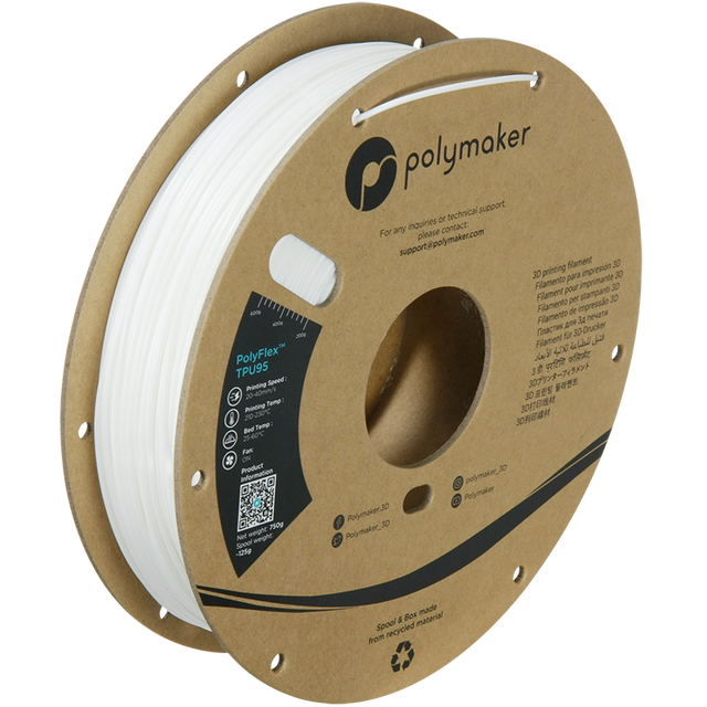 Polymaker PolyFlex TPU95 Filament in White, 1,75 mm, 0,75 kg auf der Kartonspule